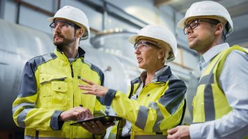 Three Heavy Industry Engineers Stand in Pipe Manufacturing Factory, Use Digital Tablet Computer, Have Discussion. Large Pipe Assembled. Design and Construction of Oil, Gas and Fuels Transport Pipeline